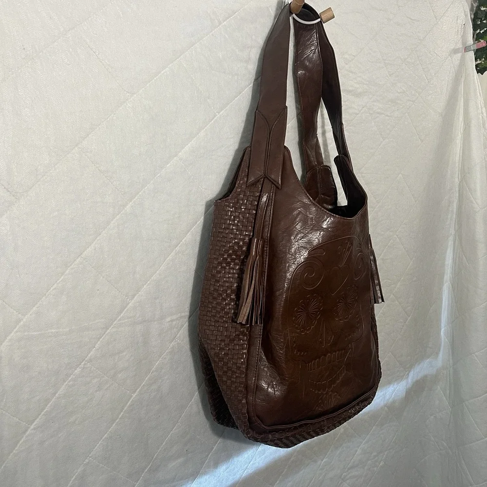 Loungefly Sugar Skull‎ Brown Lattice Large Tote Bag Y2K Purse 16x18 Retro Purse